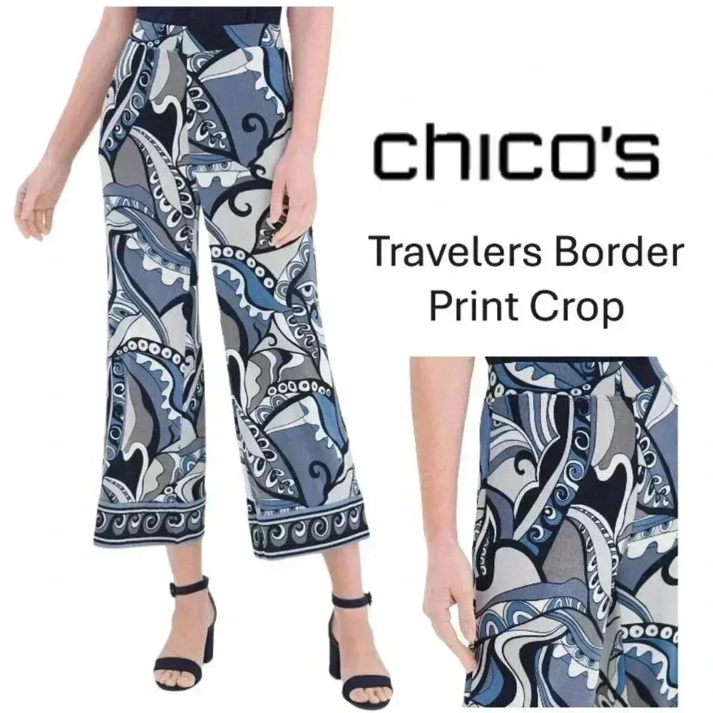 Chico's Travelers Wave Blue Border Print Crop / Size 4 - US Size 20/22